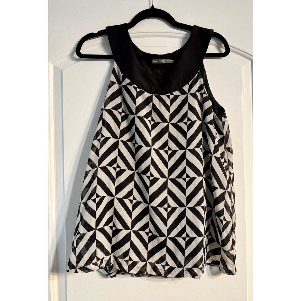 Signature Collection Sleeveless Blouse Womens M Black White Geometric Mod